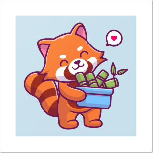 Cute Red Panda Bring Bamboo Posters and Art